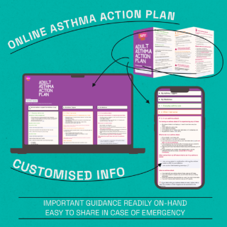 Online asthma action plan, customised info, important guidance readily on-hand, easy to share in case of emergency